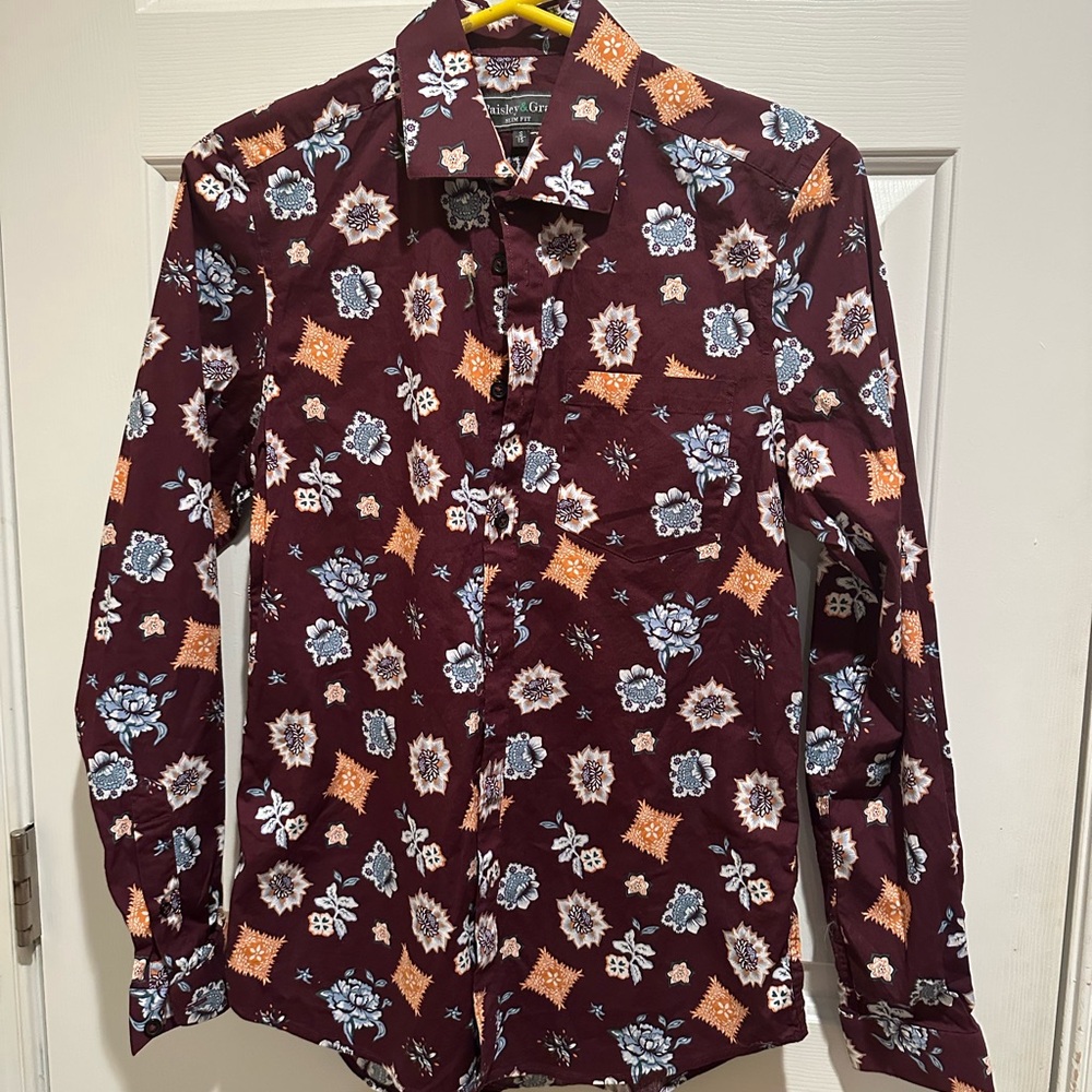 Paisley & Gray Burgundy Floral Shirt Men’s Slim Small 15 Button Down Shirt